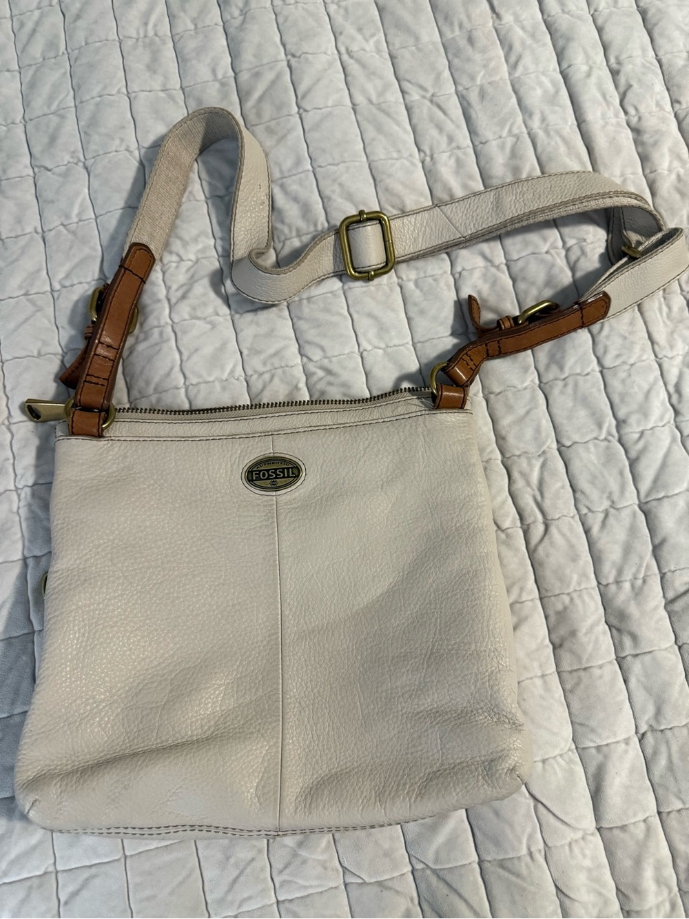 Fossil Cream Leather Crossbody with Brown Trim